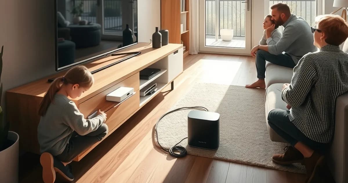 Gezin sluit een router en mediaspeler met een Ethernet-kabel aan bij de televisie in een lichte woonkamer