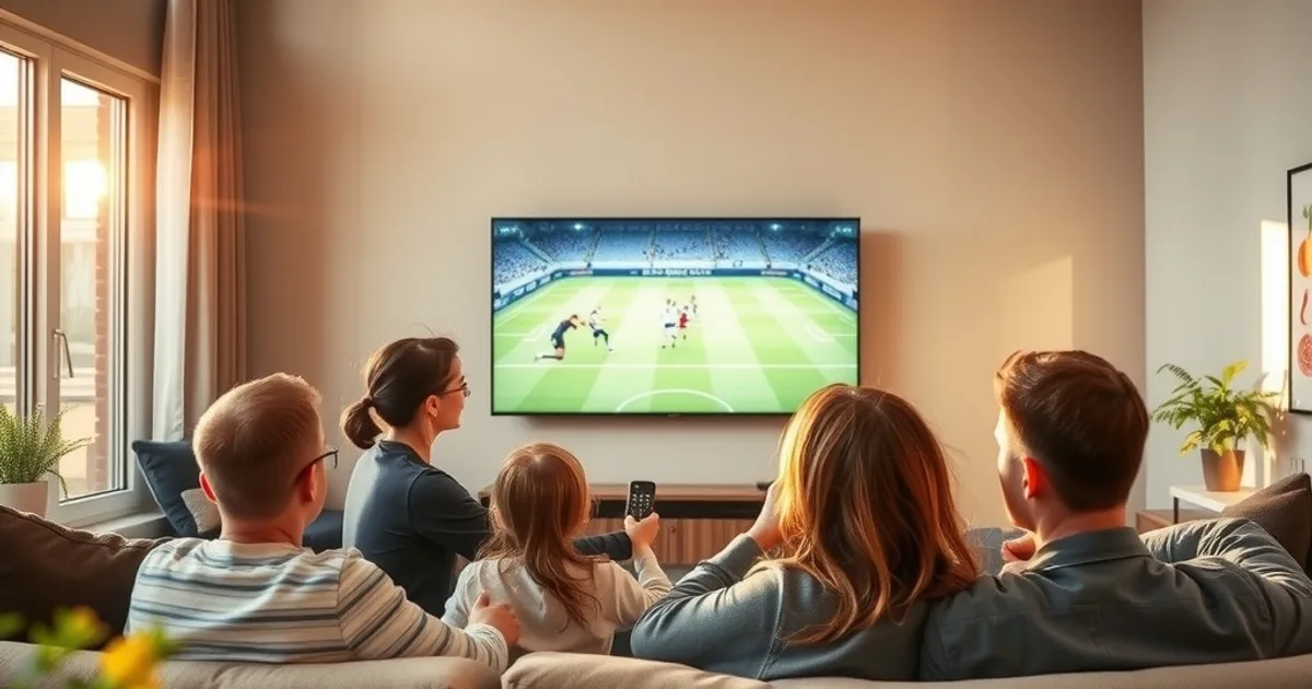 Een gezin kijkt samen naar een voetbalwedstrijd op een groot televisiescherm in een lichte, zonnige woonkamer