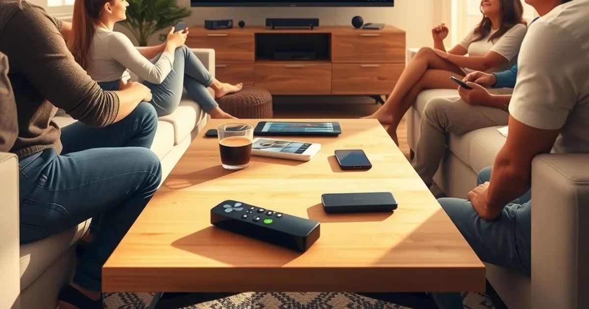 Vrienden kijken op een zonnige middag samen naar een voetbalwedstrijd in de woonkamer, met een streaming-afstandsbediening op de salontafel