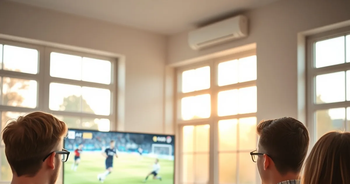 Vrienden kijken samen ontspannen naar een Champions League-wedstrijd op tv in een zonnige woonkamer, met een tablet in de hand.