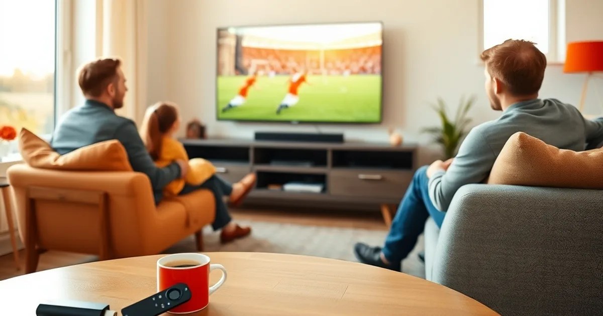 Nederlands gezin kijkt ontspannen naar een Eredivisie-wedstrijd op een Smart TV in een lichte woonkamer