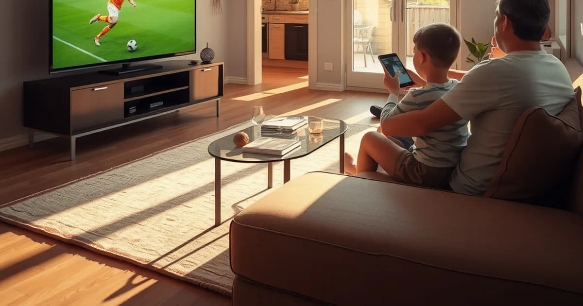 Gezin kijkt samen naar voetbal op de tv terwijl op de achtergrond een ouder op de telefoon en een kind op de tablet meekijken