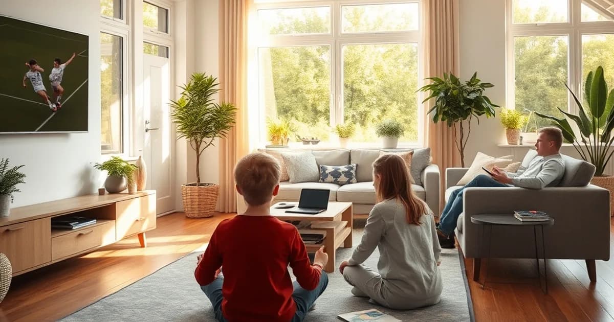 Gezin kijkt tegelijk naar verschillende schermen in een lichte woonkamer: vader naar voetbal op tv, kind met tablet, tiener met telefoon