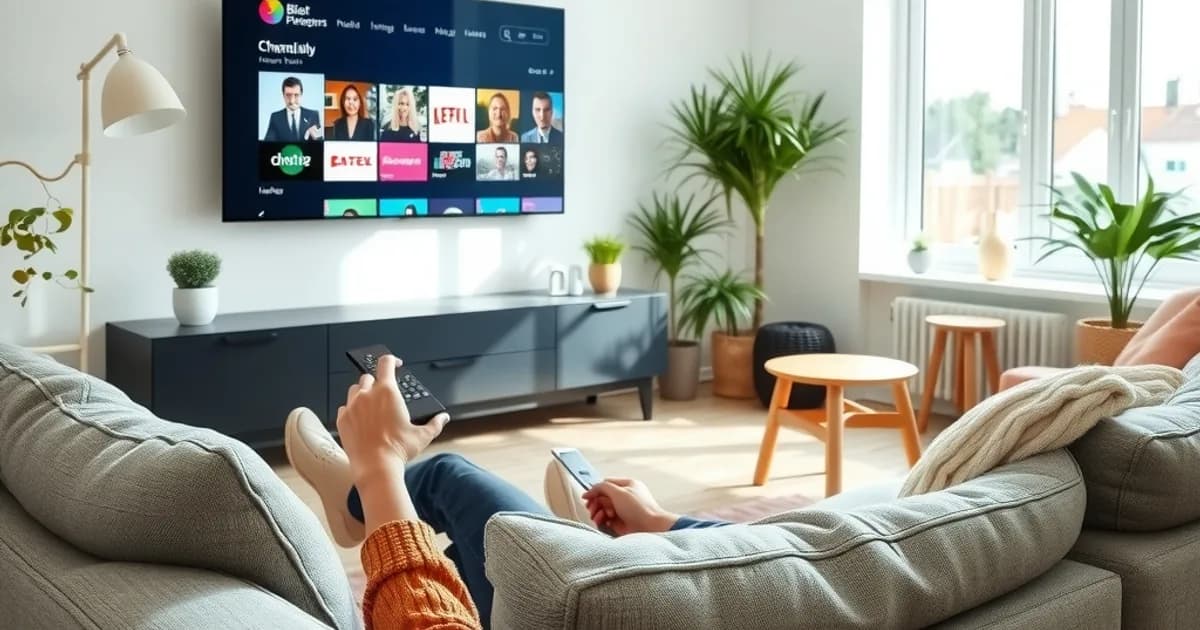 Persoon ontspannen op de bank die met een afstandsbediening door een zendergids bladert op een smart-tv in een lichte woonkamer