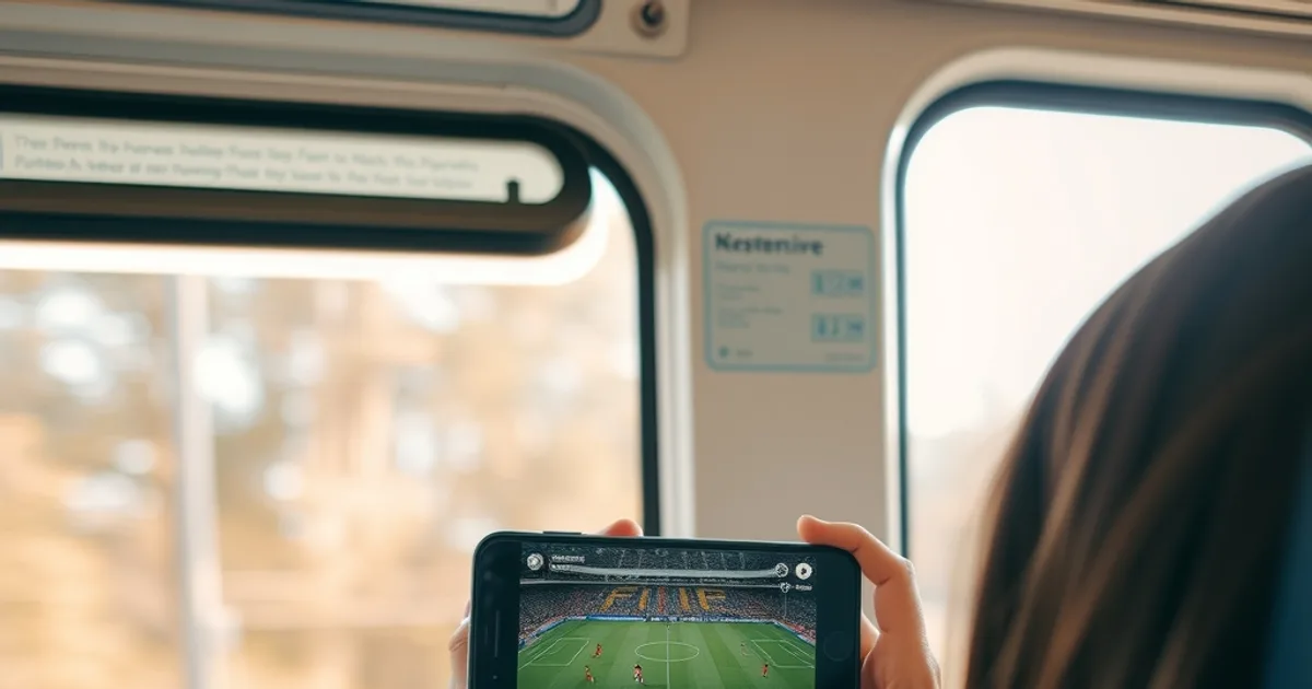 Vrouw kijkt in daglicht naar een voetbalwedstrijd op haar smartphone via een 4G-hotspot in de trein