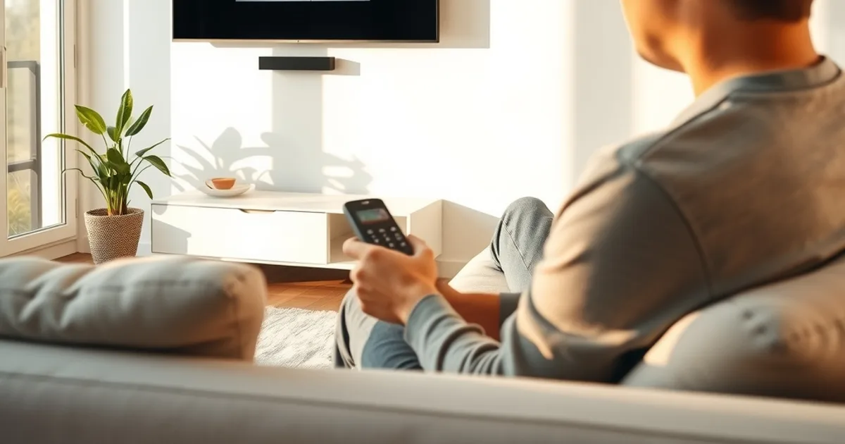 Persoon op de bank kijkt verward naar een tv-scherm dat is bevroren tijdens het streamen, met een streamingstick zichtbaar aangesloten op de tv