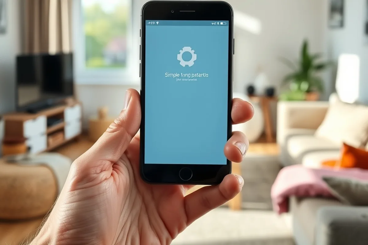 Smartphone met een IPTV-app-installatiescherm naast een smart-tv in een lichte woonkamer overdag