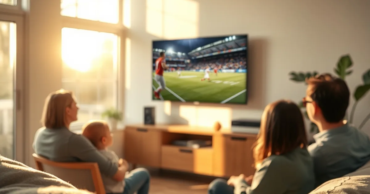 Gezin kijkt in een lichte woonkamer naar een voetbalwedstrijd in 4K via een Apple TV-mediaspeler