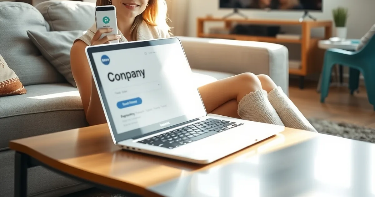 Vrouw controleert op een laptop het KvK-nummer van een IPTV-aanbieder terwijl ze op haar telefoon een iDEAL-betaling voorbereidt, in een lichte woonkamer.