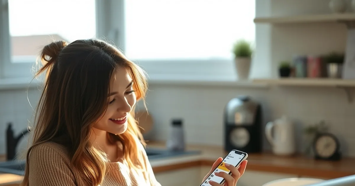 Vrouw vergelijkt aan de keukentafel een betaalapp op haar telefoon met een creditcard, met een laptop ernaast in zacht ochtendlicht