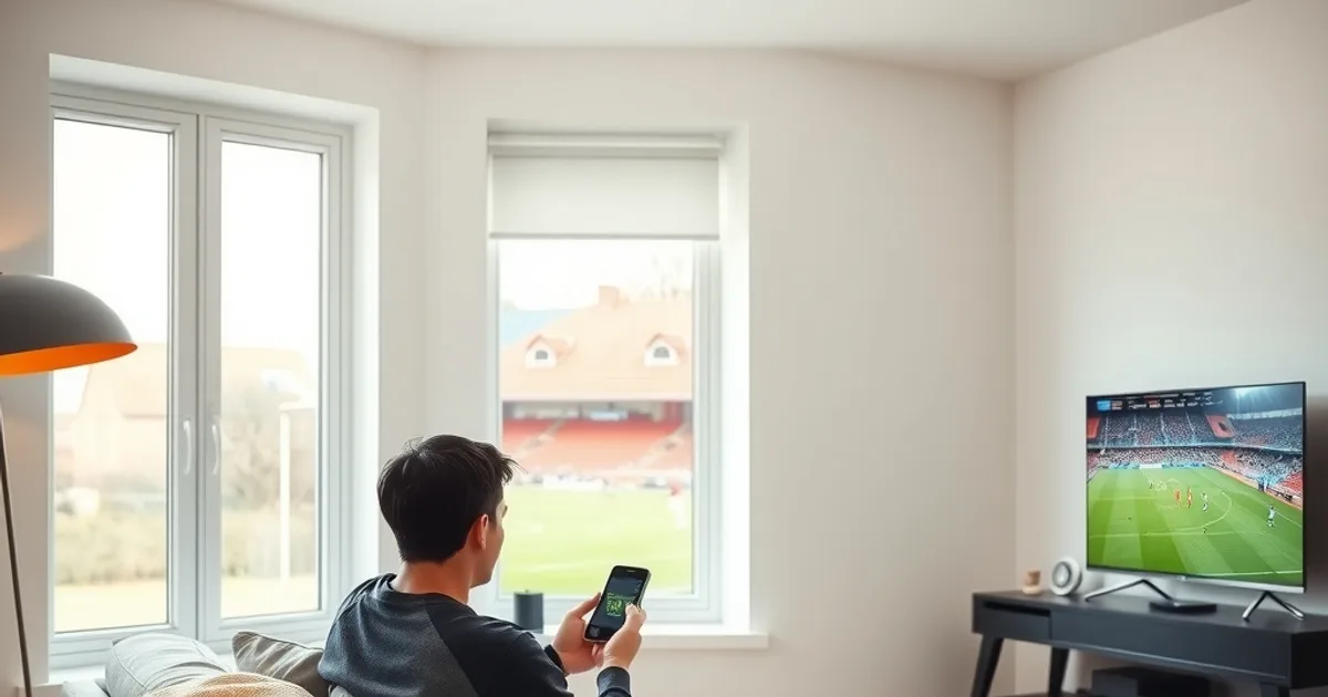 Persoon zit ontspannen op de bank en checkt rustig de telefoon, terwijl op de achtergrond een voetbalwedstrijd te zien is in een lichte woonkamer overdag.