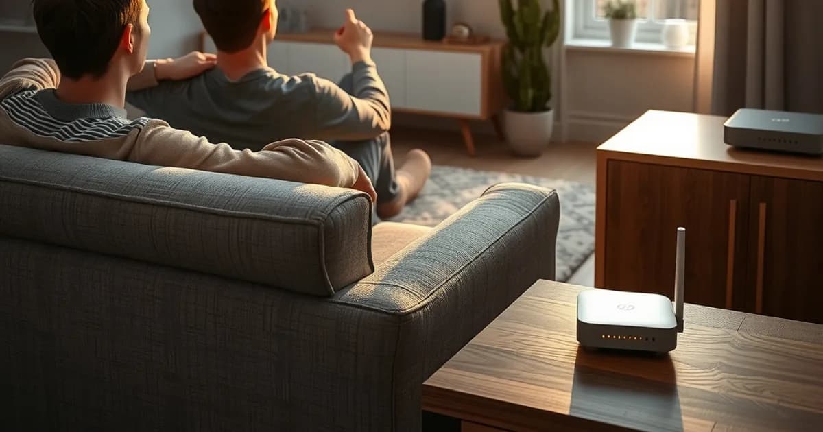 Twee mensen kijken gespannen naar een live voetbalwedstrijd op tv in een lichte woonkamer, met een router zichtbaar op de achtergrond