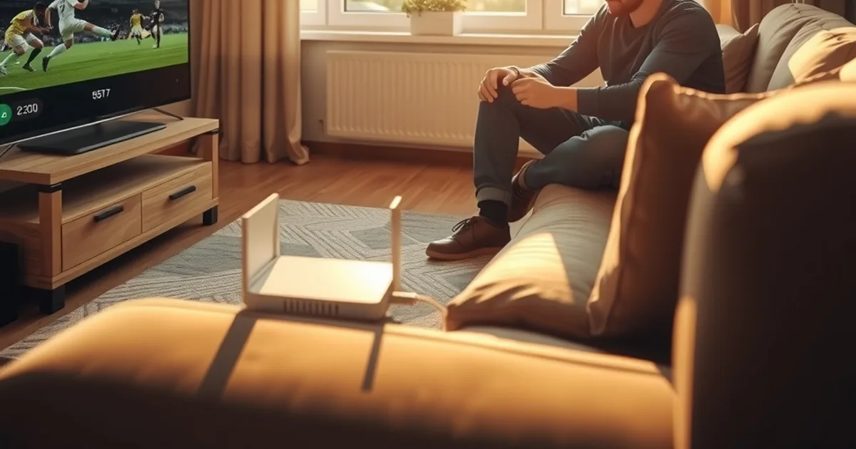 Iemand stelt thuis de router bij terwijl op de achtergrond een voetbalwedstrijd op tv even blijft hangen met een laadicoon