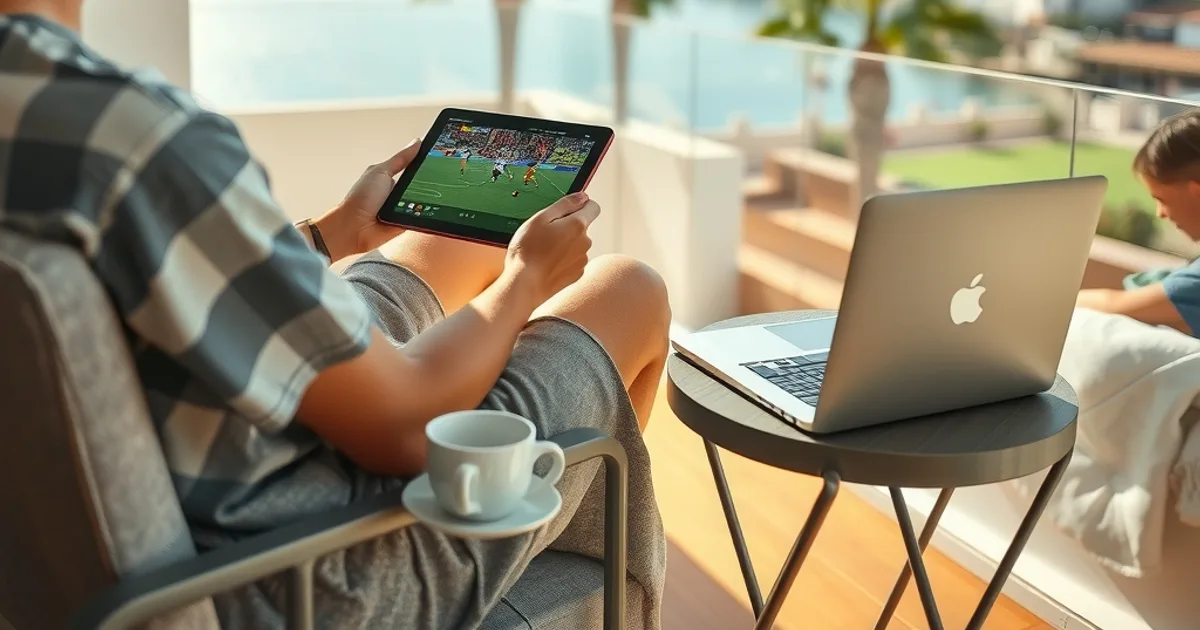 Persoon kijkt naar een voetbalwedstrijd op een tablet vanaf een zonnig balkon in het buitenland