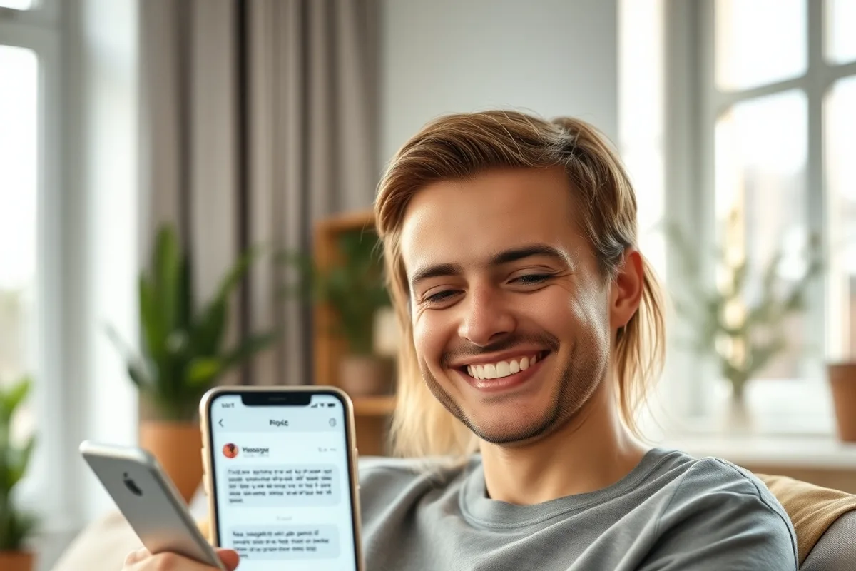 Persoon die tevreden een smartphone met een WhatsApp-gesprek vasthoudt in een lichte woonkamer overdag