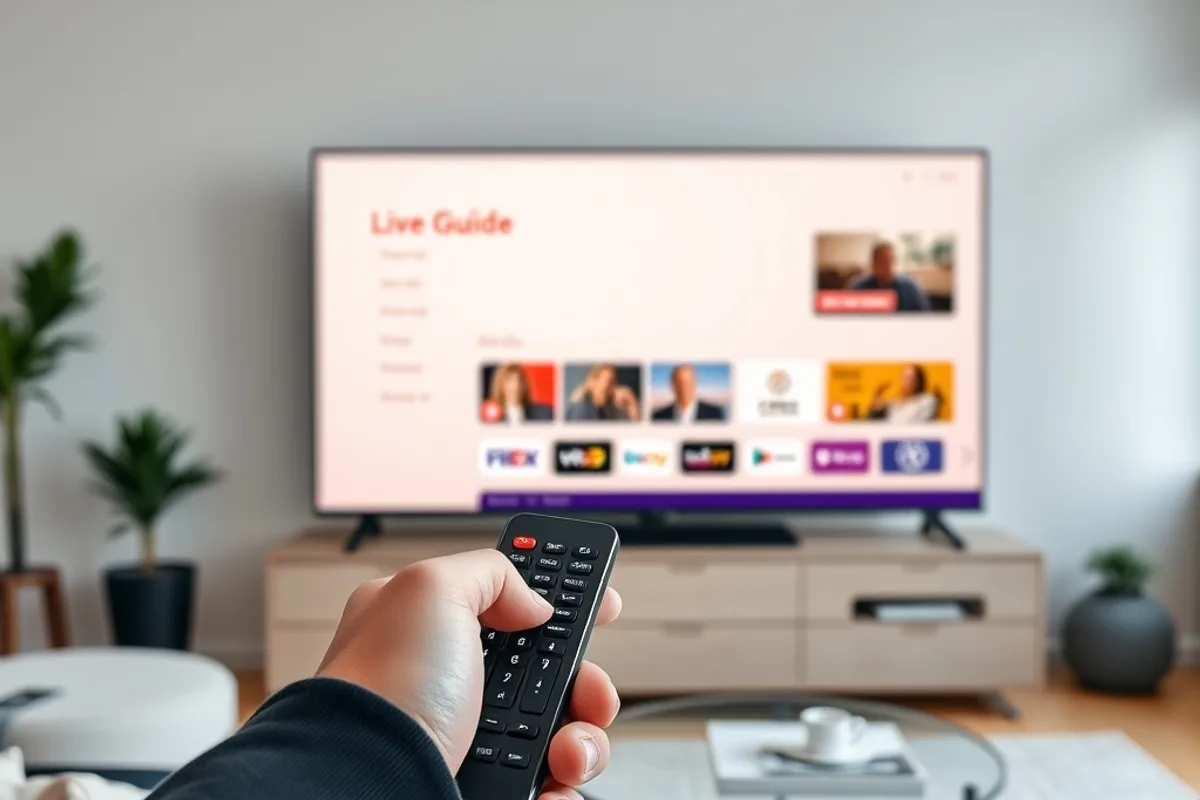 Iemand die met een afstandsbediening langs Nederlandse tv-zenders zapt op een smart-tv overdag