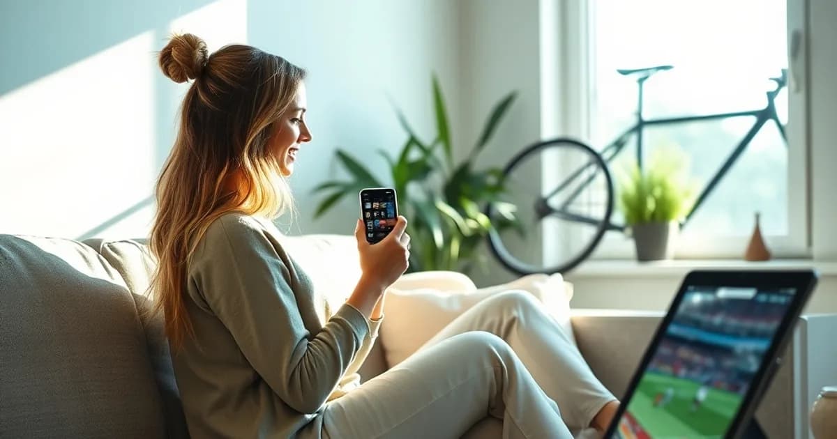 Vrouw kijkt Eredivisie-wedstrijd via IPTV op haar iPhone met een iPad op standaard ernaast in een lichte woonkamer