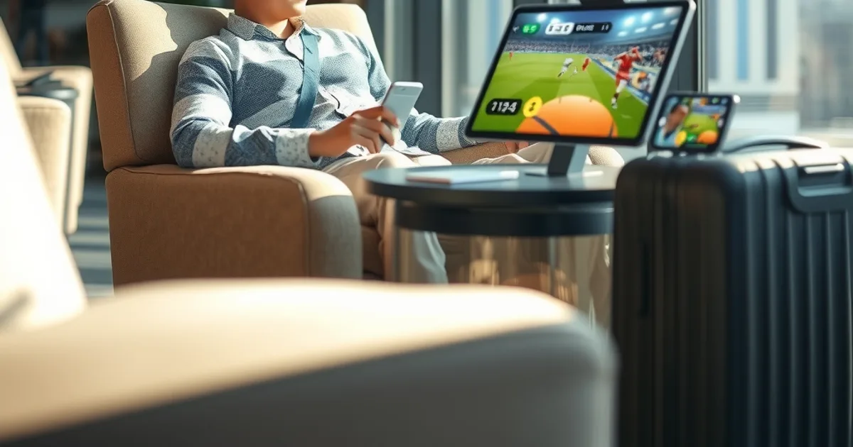 Reiziger kijkt een voetbalwedstrijd op een tablet in een zonnig hotellobby met telefoon ernaast
