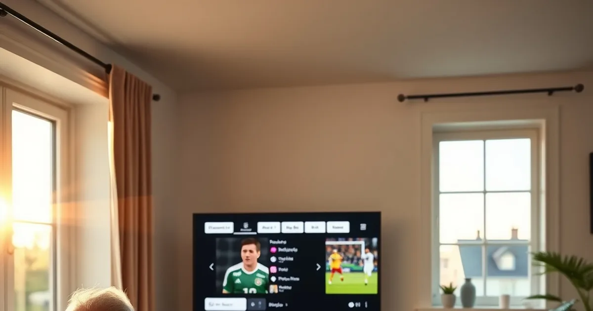 Persoon stelt in een lichte huiskamer een opname van een voetbalwedstrijd in op de smart TV, met een externe harde schijf aangesloten naast het tv-meubel
