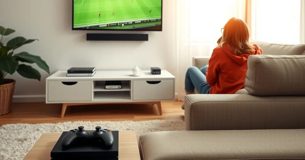 Twee vrienden kijken op een heldere avond naar een voetbalwedstrijd op tv, met een spelconsole zichtbaar op het tv-meubel