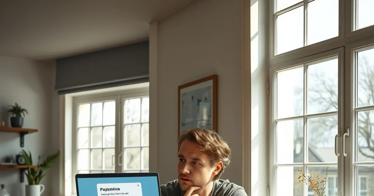 Persoon aan een lichte houten keukentafel bekijkt kritisch een laptopscherm met een chatgesprek en betaalformulier