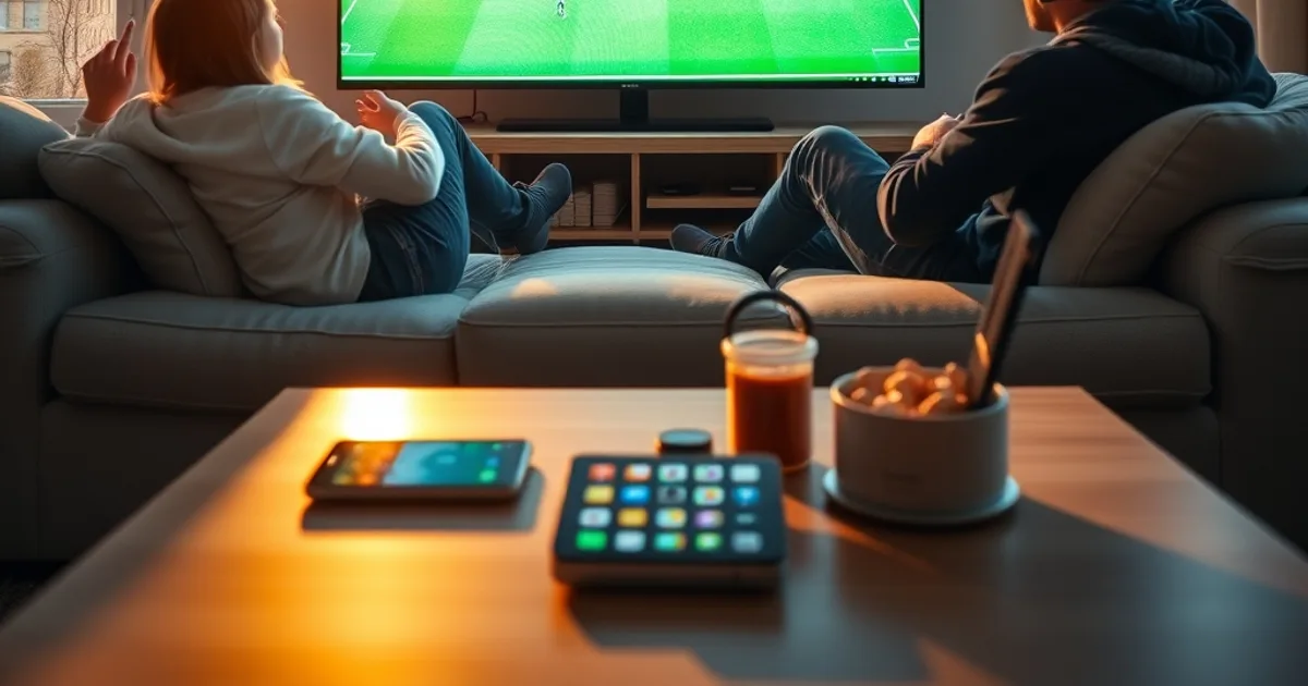 Drie vrienden kijken gespannen naar een Eredivisie-wedstrijd op een groot tv-scherm in een lichte woonkamer tijdens een vrijdagavond