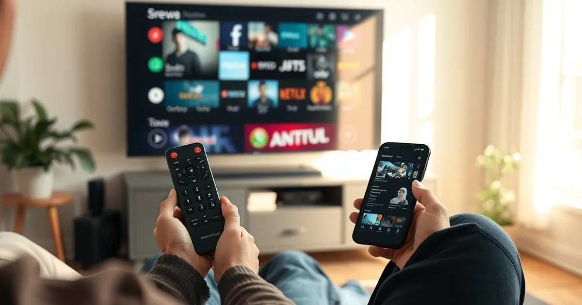 Persoon op de bank vergelijkt twee IPTV-instellingen op smartphone en TV in een lichte woonkamer