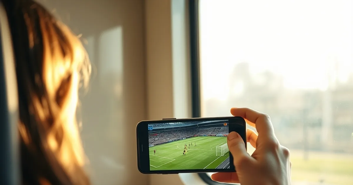 Vrouw kijkt op haar telefoon naar een live voetbalwedstrijd terwijl ze in de trein zit
