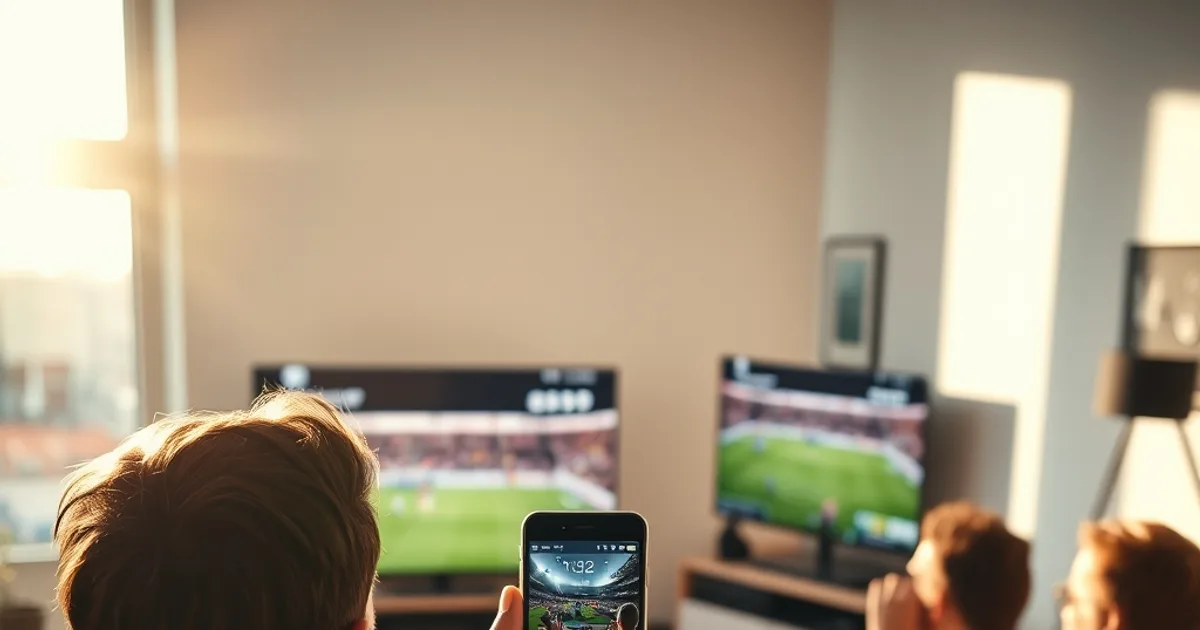 Vrienden kijken naar een Eredivisie-wedstrijd op tv terwijl iemand op zijn telefoon de internetsnelheid test