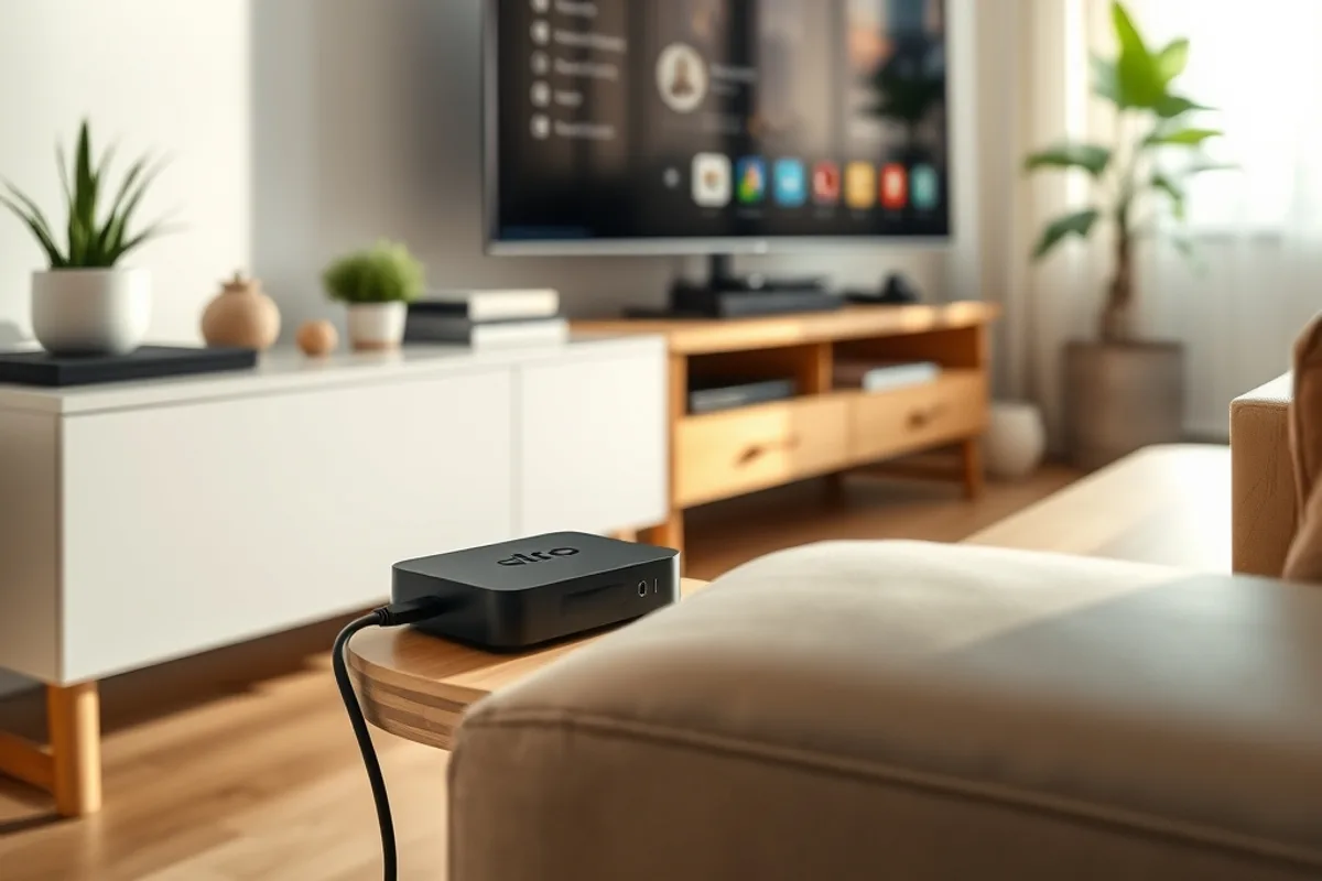 Kleine tv-box die naast een televisie wordt aangesloten in een lichte huiskamer overdag