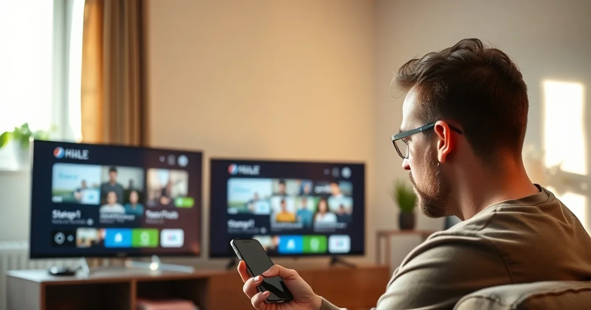 Persoon kijkt bezorgd naar smartphone met een streaming-app terwijl de tv op de achtergrond aanstaat, in een lichte woonkamer overdag