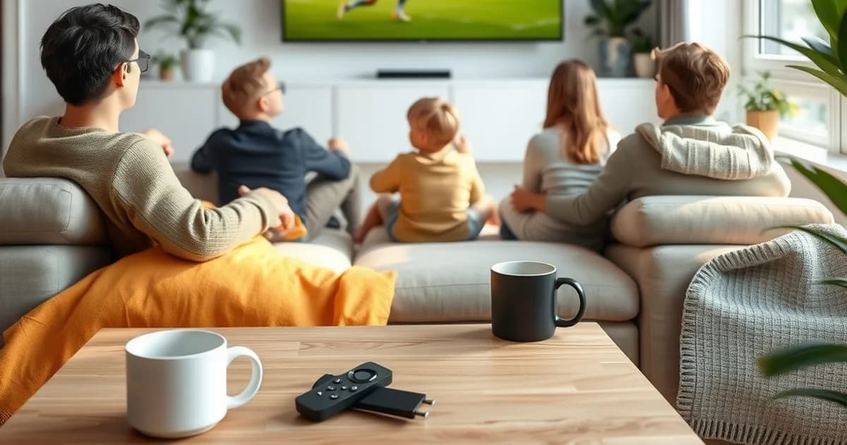 Gezin kijkt samen een Premier League-wedstrijd op de bank in een lichte, moderne woonkamer