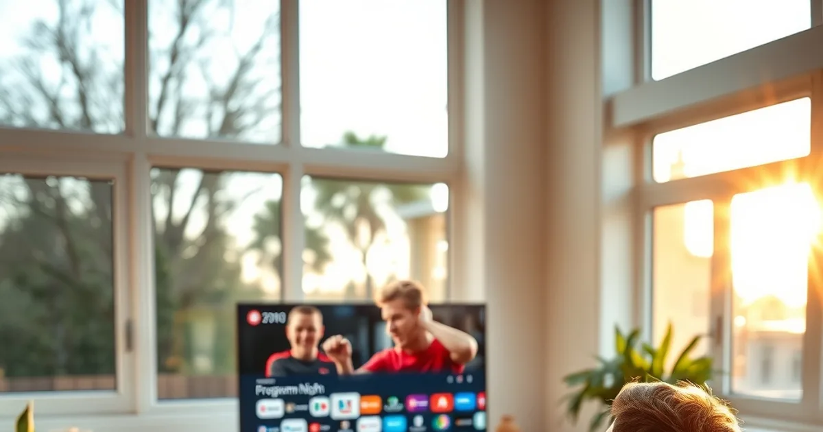 Persoon ontspannen op de bank in een lichte huiskamer, met op de tv op de achtergrond een programmagids in beeld