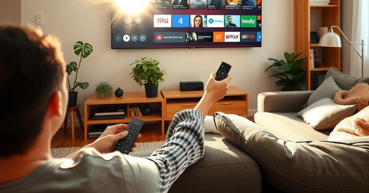 Iemand zit in een lichte woonkamer op de bank en configureert met een afstandsbediening een streaming-app op een groot tv-scherm met een kanalenoverzicht.