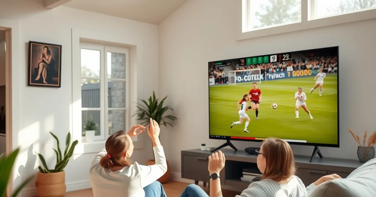 Een moeder en dochter kijken samen enthousiast naar een wedstrijd van de Vrouwen Eredivisie op een grote tv in een lichte, zonnige woonkamer.