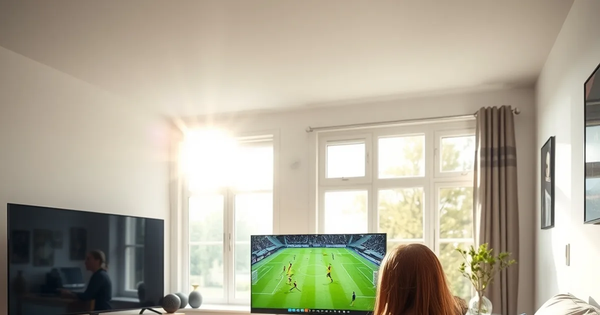 Moeder en dochter kijken samen naar een wedstrijd van de Vrouwen Eredivisie op een grote tv in een zonnige woonkamer, met een tablet op de salontafel.