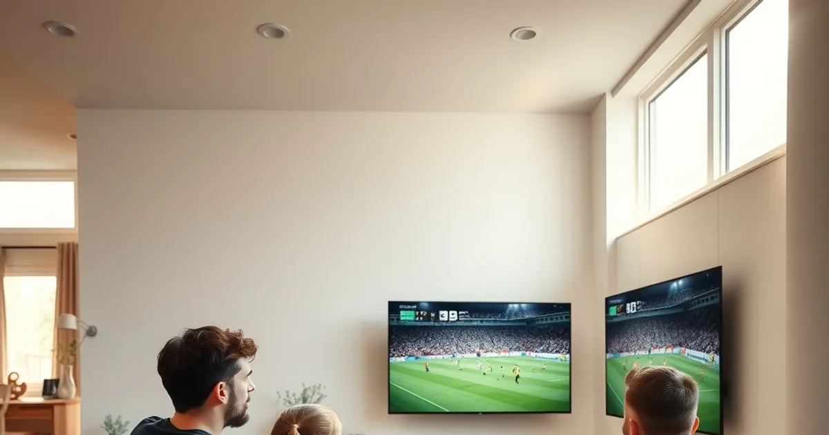Een gezin kijkt samen naar een voetbalwedstrijd op de tv in een lichte woonkamer, met een tablet en telefoon op de salontafel.