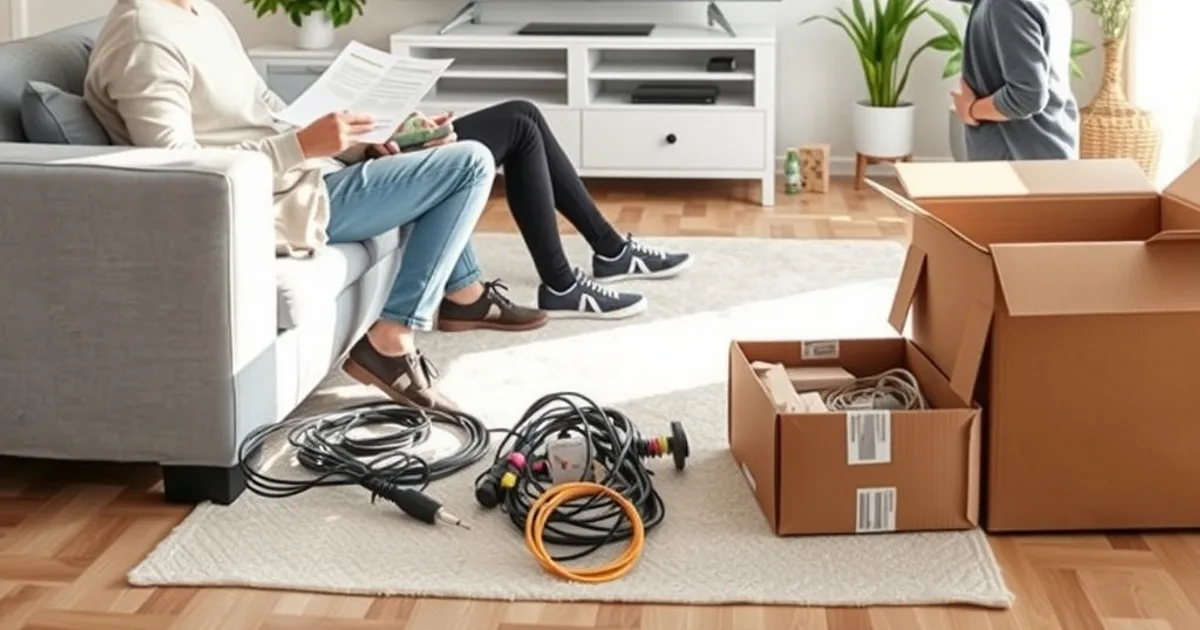 Gezin op de bank bekijkt samen het opzegcontract naast een doos met oude kabel-apparatuur, terwijl de nieuwe tv-app al op het scherm draait